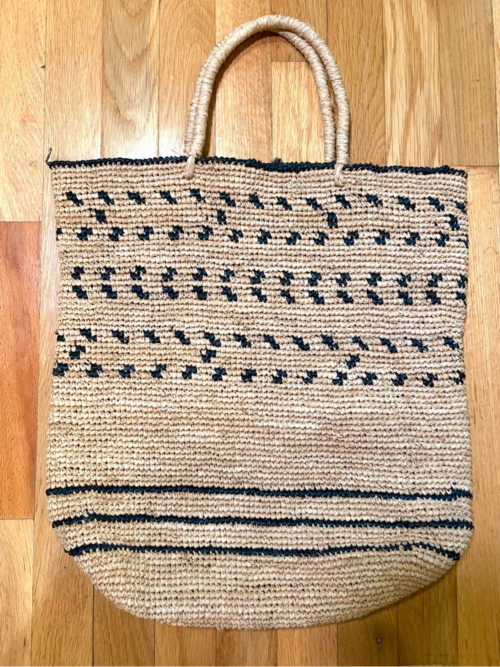 Woven Straw Tote Bag with Black Accent